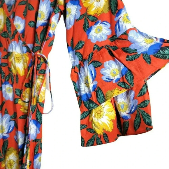 The Fifth Label orange Floral print long Wrap Dress Size M bell sleeves women's - Picture 7 of 11